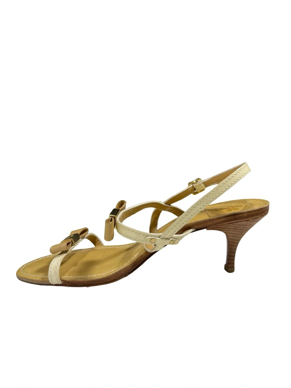 Tory Burch Kailey Patent Leather Bow Sandals Womens 8.5M Cream Tan Heels